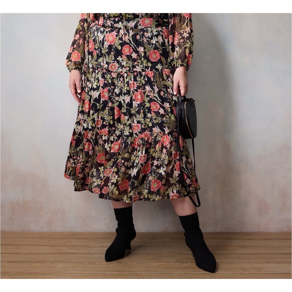 NEW Lauren Conrad 3X Floral Pull On Tiered Midi Skirt Black Pink Elastic Womens